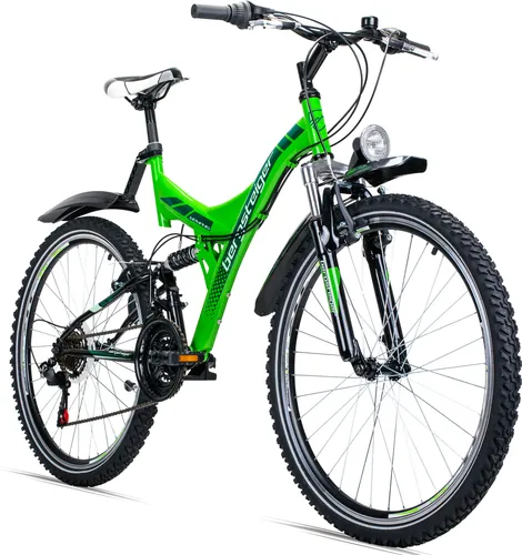 Bergsteiger Memphis 26 Zoll Mountainbike, geeignet ab 150 cm, Dynamo-Licht, StVZO, Shimano 21 Gang-Schaltung, Vollfederung, Jungen-Fahrrad & Herren-Fahrrad