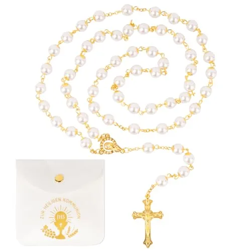 BOOMTOP Rosenkranz Halskette Katholisch Kreuz Gebetskette Damen Rosenkranz Kette Lang Taufgeschenk Mädchen Halskettchen Rosa Weiß mit Stoffbeutel für Heilige Kommunion Taufe Konfirmation Geburtstag