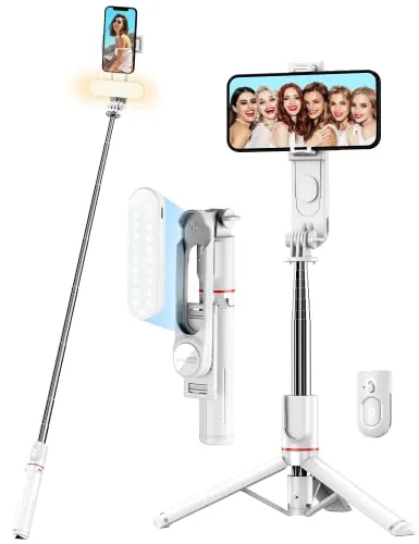 Selfie Stick mit Verbessertem Stativ – Langes Fülllicht, Erweiterbarer 111cm Handy Stativ mit Kabelloser Fernbedienung um 360° Drehbar für Reisen Kompatibel mit iPhone Samsung