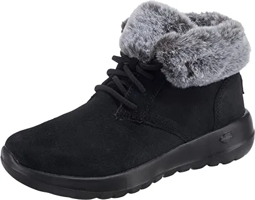 Skechers Damen ON-The-GO Joy-Plush Dreams Winter Boots, Schwarz, 36 EU - Wanderschuhe mit Wildleder-Obermaterial, Kunstfellkragen und elastischer Schnürung für maximalen Komfort und Stil in der kalten Jahreszeit.