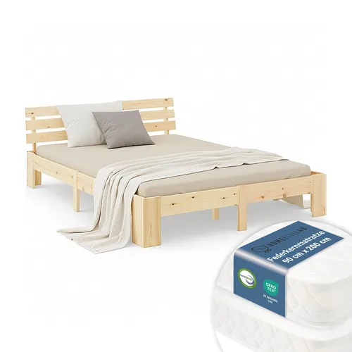 Doppelbett 180x200 Massivholz mit Federkernmatratzen – Homestyle4u - Modernes Bett aus robustem Kiefernholz, inklusive zwei komfortablen Federkernmatratzen. Ideal für Erwachsene, mit einfacher Montage und pflegeleichter Oberfläche.