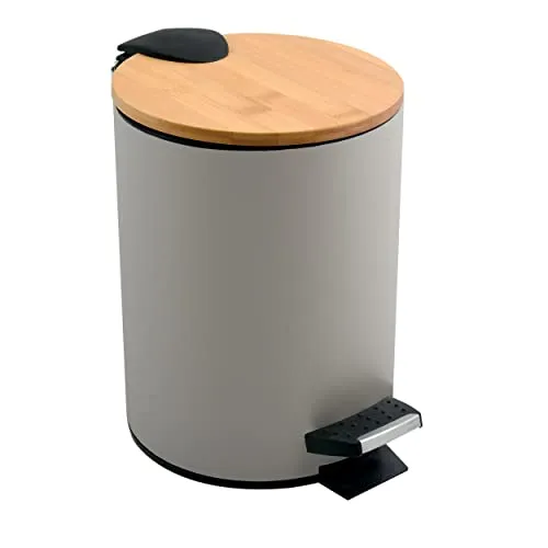 Spirella - Treteimer Adonis - Edelstahl und Bambus - Geräuschloser Deckel mit Soft-Close-Funktion - Anti-Fingerabdruck-Beschichtung - Mattes Taupe - 3L