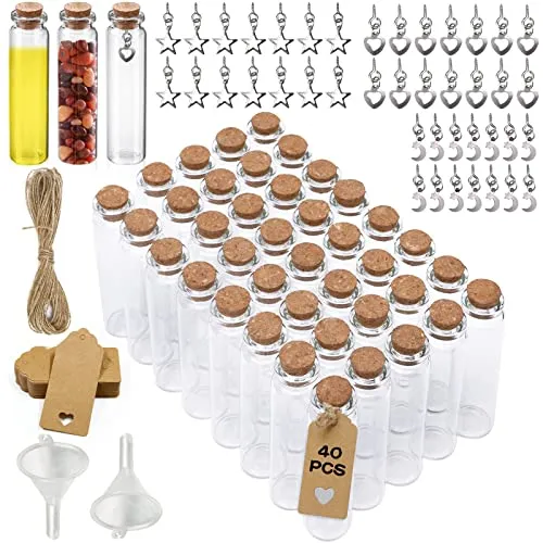 Amzeeniu 40x Mini Glasflaschen mit Korken 20ml Kleine Flaschen,Reagenzglas Gewürzgläser , zum Befüllen als Gastgeschenke Hochzeit mit Anhänger,Karten,Trichter,Seil