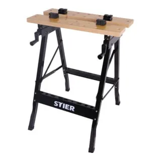 STIER Werkbank mit Spannbacken - mobiler, klappbarer Spanntisch - Ständer: Robuste Werkbank mit 150 kg Tragkraft, inkl. aufgedruckter Mess- und Winkelskala für präzise Arbeiten und gummierten Füßen für stabilen Stand.