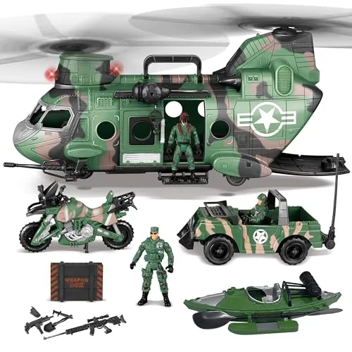 JOYIN 10-in-1 Jumbo Militär-Transporthubschrauber-Spielzeug-Set, einschließlich Hubschrauber mit realistischem Licht und Sound, Militär-LKW, Kajak-Boot, Motorrad, Armee-Männer-Actionfiguren