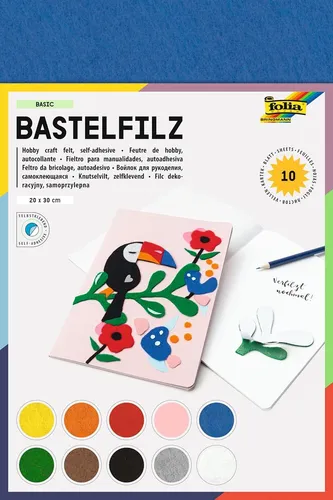 folia 520499 - Selbstklebender Bastelfilz, 10 Blatt farbig sortiert, ideal für kreative Bastelprojekte mit Kindern