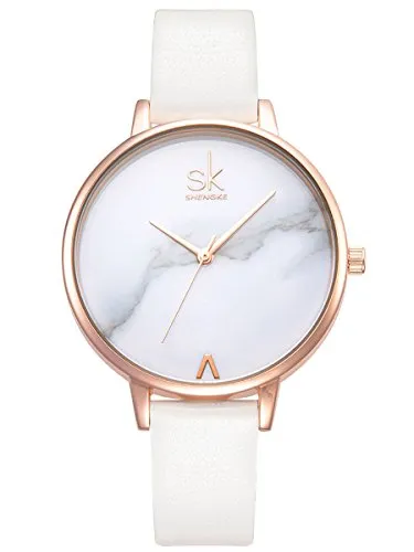 Alienwork Armbanduhr Damen Roségold Lederarmband Weiss Ultra-flach Elegant