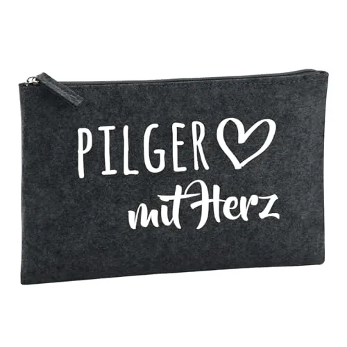 Huuraa Kulturbeutel Pilger mit Herz Geschenk 1 Liter Filz Charcoal Kosmetiktasche Pilger Geschenkidee