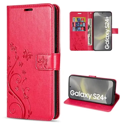 Hülle Kompatibel mit Samsung Galaxy S24+ | Premium PU Leder Handyhülle Wallet Case für Galaxy S24+ | Schutzhülle Blumen Klapphülle Handyhülle | Rot