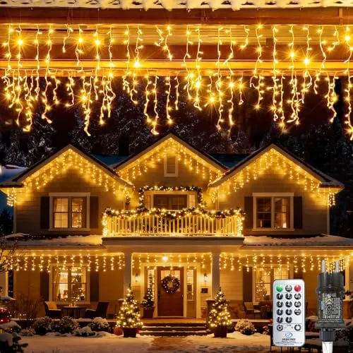 Eisregen Lichterkette Außen, 15M 600LED Lichtervorhang Weihnachten Warmweiß
