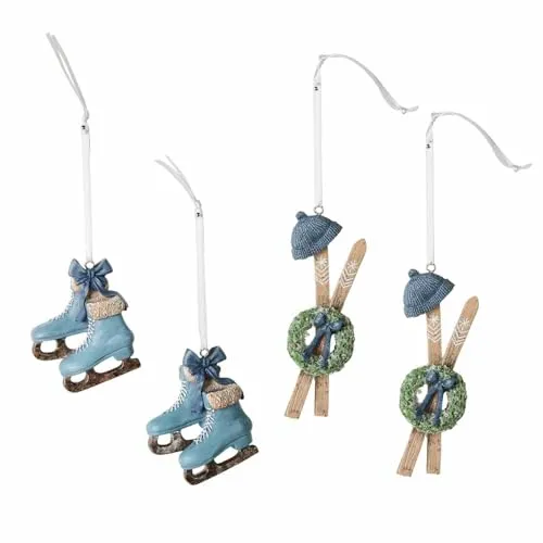 Loberon Anhänger 4er Set Papeta, Zwei Winter-Designs, Detailreich & Stimmungsvoll, von Hand Bemalt, Weihnachten, Christbaumschmuck, Polyresin, Polyester, Glitzer, blau