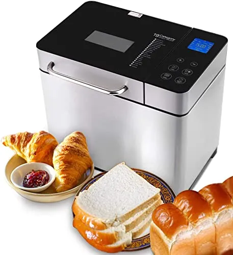 Brotbackautomat 710W Backmeister mit Automatische Zutatenbox, 19 Programme, Edelstahl Bread Maker Vollautomatische mit 15 Stunden Timing-Funktion, Sichtfenster Silber