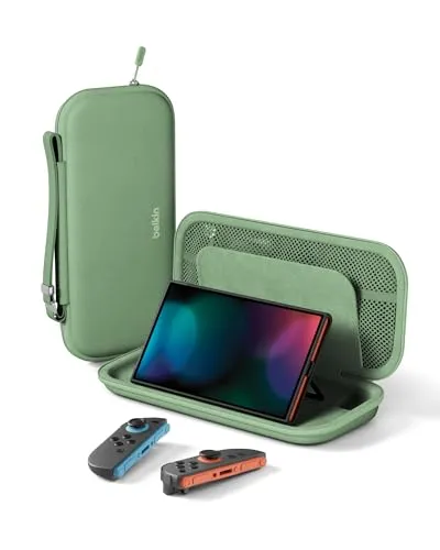 Belkin Gaming Nintendo Switch 2 Tasche mit Fächern für AirTag und Game-Karten – leichtes Hartschalen-Case mit weichem Futter für Reisen, Gaming Reisezubehör – Grün