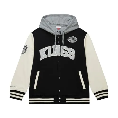 Mitchell & Ness Courtside Fleece NHL Vintage College Jacke - Los Angeles Kings, Größe L - Hochwertige Fleecejacke mit Kapuze und Druckknopfverschluss für optimalen Tragekomfort. Robuste Verarbeitung und gestickte Team Applikationen machen sie zum perfekten Begleiter für Freizeit und Sport.