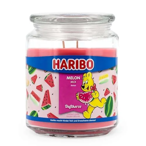 Haribo Große Duftkerze im Glas mit Deckel | Melon Mix 510g | Duftkerze Fruchtig | 2 Dochte | Brenndauer bis 100h | Geschenkidee für Frauen | Fruchtiger Raumduft