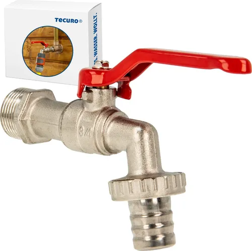 tecuro Kugelauslaufhahn Kugelventil 3/4 Zoll mit Schlauchverschraubung, Messing vernickelt