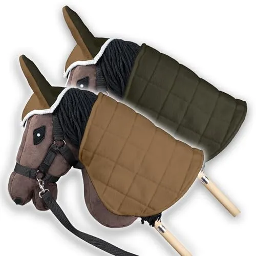 SKIPPI Wendbare Decke und Fliegenhaube für Hobby Horse – Beige und Olivgrün, Hobby Horse Zubehör, Zweifarbige Pferdedecke und Fliegenohren für Steckenpferd A3 und A4