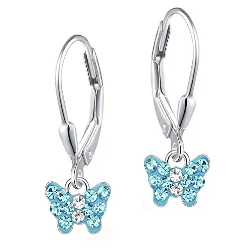 Kinder Mädchen hängende Ohrringe echt 925 Silber Zirkonia kleine Brisur Creolen Ohrhänger Schmetterling (K998o türkis)