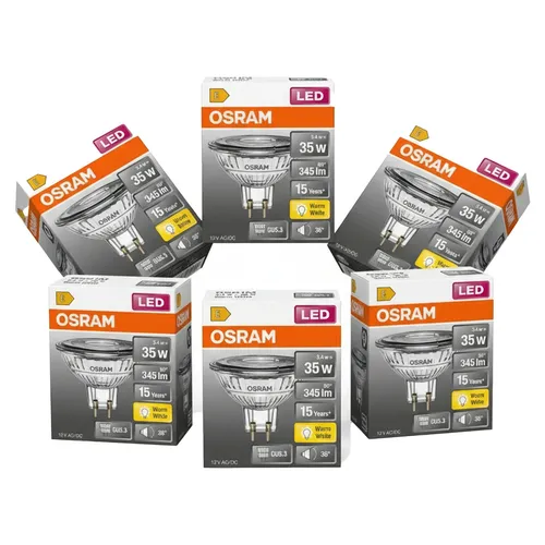 Osram LED-Leuchtmittel LEDSMR163536 3,4W/827 12V GU5.3 – Dimmbar, Warmweiß (6er-Pack) - 6er-Pack Osram LEDSMR163536 – Energieeffiziente MR16 LED-Spots mit 3,4 W, ideal für gezielte Akzentbeleuchtung. Dimmbar für stimmungsvolle Lichtgestaltung und einfache Installation dank GU5.3-Sockel.