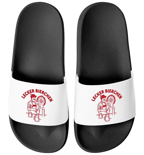 MoonWorks Badeschlappen Lustig Spruch – Lecker Bierchen - Unisex Badesandale in Größe 47, schwarz-weiß, aus 100% PVC. Ideal für entspannte Tage am Strand oder im Schwimmbad.