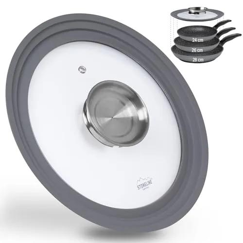STONELINE 3 in 1 Universaldeckel für Töpfe und Pfannen ø 24/26/28 cm Universal Glasdeckel mit Aroma Funktion, abgestufter Silikonrand, hitzebeständig platzsparend, 3 Größen, Grau