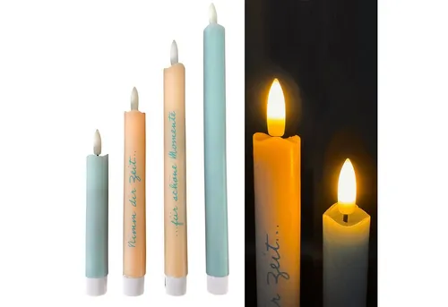 Online-Fuchs LED-Kerze 4er Set LED Stabkerzen mit Echtflamme und 6-Stunden Timer (Farbe Peach und Hellblau/Mint), unterschiedliche Höhen von 16 bis 28 cm