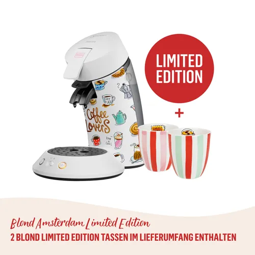 Philips Senseo Kaffeepadmaschine Original Plus CSA210/15 - Kaffeemaschinen mit 2 Kaffee-Einstellungen, aus 28% recyceltem Plastik, inklusive 2 bunten Blond Limited Edition Tassen für perfekten Kaffeegenuss.