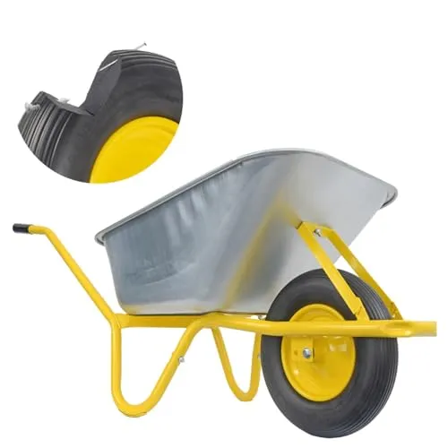 Matrix Schubkarre 100l Liter 250 kg pannensichers PU-Rad Schubkarren groß Garten Scheibtruhe Bauschubkarre | Mulde verzinkt | Metall Felge mit Kugellager | Farbe gelb