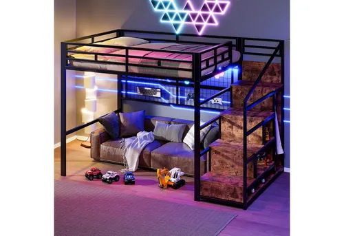 Stilvora Hochbett Schwarz, 140x200 cm – Platzsparendes Kinderbett mit Stauraum - Das Stilvora Hochbett bietet optimale Raumnutzung für Kinder- und Jugendzimmer. Mit integriertem Stauraum und stabiler Bauweise aus Metall und MDF ist es ideal für kompakte Räume. Maße: 254,5 × 144,5 × 176 cm.