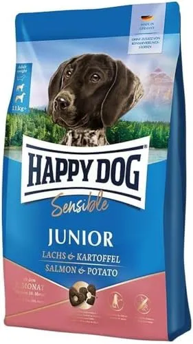Happy Dog JUNIOR Sensible Junior 4 kg - Lachs & Kartoffel - Glutenfreies Trockenfutter für Junghunde ab 7 Monaten, reich an Lachs und Kartoffeln, ideal für eine gesunde Entwicklung.