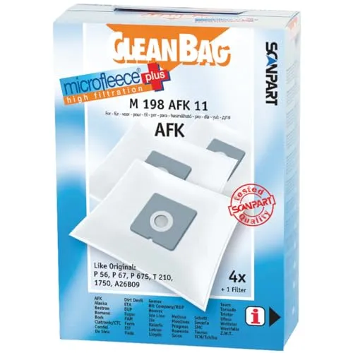 CleanBag M 198 AFK 11 Staubbeutel, wie Original: P 56 / P 67 / P 675, T 210, 1750, Inhalt: 4 Staubsaugerbeutel + 1 Universalfilter, White