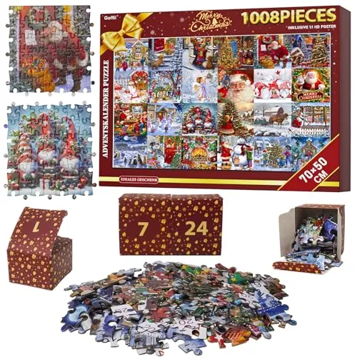 Adventskalender Puzzle 2025 Weihnachts – 24-tägiger 1008 Teile Countdown mit HD-Poster, 70x50 cm Recycling-Box Puzzle Adventskalender für Erwachsene und Kinder