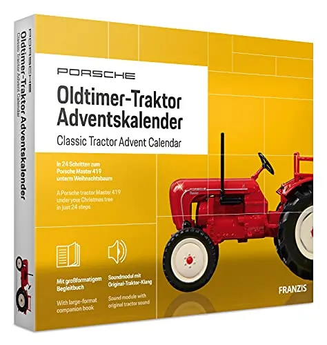 FRANZIS 67133 - Porsche Oldtimer-Traktor Adventskalender - Spielzeug-Adventskalender mit 24 Überraschungen, inkl. detailgetreuem Metallmodell und integriertem Soundmodul für lebendigen Original-Motorsound