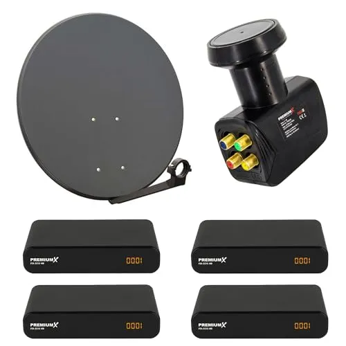 PremiumX Satelliten-Komplettanlage 60cm - Quad LNB für 4 Teilnehmer - Sat-Schüsseln mit 60 cm Stahlantenne in Anthrazit, ideal für Full HD Empfang von bis zu 4 Teilnehmern. Hohe Signalqualität und wetterfeste Bauweise für zuverlässigen Empfang.
