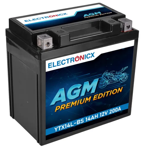 Electronicx YTX14L-BS AGM Motorradbatterie 12V 14Ah 200A/EN | HVT-03 | Wartungsf
