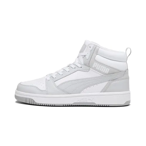 PUMA Unisex Rebound V6 Sneaker - Komfortabler Sneaker in Weiß und Grau, 42 EU - Herren-Sneaker mit mittlerer Kragenhöhe, weichem Synthetik-Obermaterial und praktischen Schnürsenkeln sowie Klettverschluss für optimalen Halt.