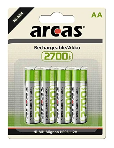 Arcas 17727406 - Akku Ni-MH Batterien AA / HR6, 4 Stück, Kapazität 2700 mAh, wiederaufladbar, leistungsstarke Einwegbatterien für elektronische Geräte zur optimalen Energieversorgung