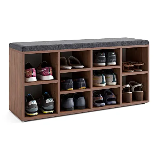 KOMTO Schuhbank mit Sitzfläche - Schuhregal Nussbaum 104 x 50 x 30 cm Schuhschrank mit Sitzbank Flur Bank mit Stauraum Garderobenbank Sofia…