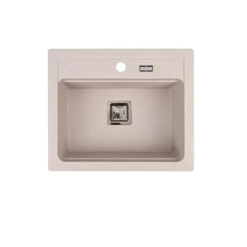 QLS YORK Granitspüle 59x50 cm – 1-Becken Beige, kratz- & hitzebeständig - 1-Becken Granitspüle, hitzebeständig bis 250 °C und mit 10 Jahren Garantie. Ideal für 60 cm Unterschränke, inklusive Siphon und Schablone für eine einfache Montage.