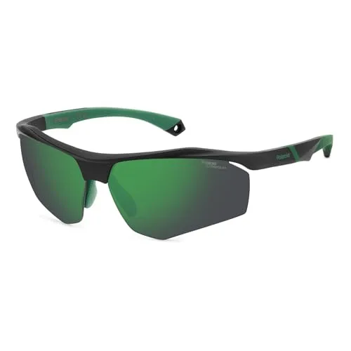 POLAROID Unisex PLD 7055/S Sonnenbrille - Sportbrille in mattem Schwarz-Grün mit robusten Polycarbonat-Rahmen, ideal für aktive Outdoor-Aktivitäten und optimalen UV-Schutz.