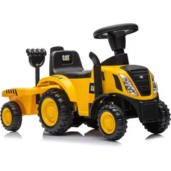 Rutschauto Traktor CAT gelb mit Anhänger - Kinderfahrzeug für 1-3 Jahre, mit abkoppelbarem Anhänger und praktischem Zubehör wie Schaufel und Rechen. Fördert Motorik und Entdeckungsfreude.