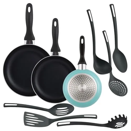 Well Home Set mit 3 Pfannen Ø16Ø20Ø24cm aus gepresstem Aluminium mattblau + 6 Küchenutensilien aus PBT Farbe Schwarz