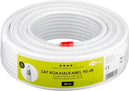 Goobay 49760 SAT Koaxialkabel Satellitenkabel 90 dB / Antennenkabel 25m / 2fach geschirmt / Kabelfernsehen HDTV - DVB-T - DVB-S Fernsehkabel / CCS Koax SAT Kabel / Weiß / 25m