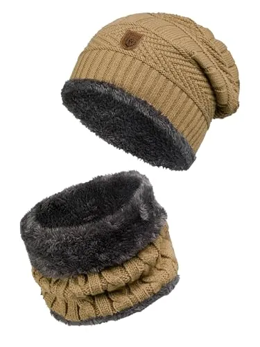 Indicode Unisex Siracusa Winter-Set Mütze & Schal | Strick Wintermütze Winterschal Beige, One Size