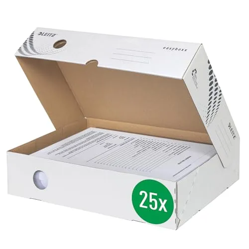 Leitz easyboxx Archiv-Klappschachtel, 80 mm Rückenbreite - Bürobedarf: Ablageboxen für A4 Dokumente, aus 100% recyceltem Karton, ideal zur Archivierung mit praktischem Klappdeckel und Etiketten für einfache Identifizierung.