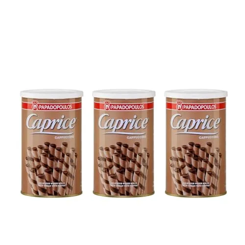 Caprice Waffelröllchen Cappuccino 3x 250g Papadopoulos aus Griechenland | Griechisches Gebäck | +20ml Jassas Olivenöl