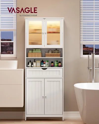VASAGLE Badezimmerschrank mit LED-Beleuchtung – Praktischer Badschrank in Weiß - Eleganter Badezimmerschrank mit integrierter LED-Beleuchtung für optimale Sicht. Bietet großzügigen Stauraum mit verstellbaren Ablagen und Schublade – ideal für jedes Badezimmer.