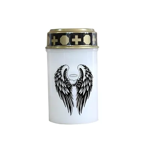 Fachhandel Plus LED Grablicht Weiß mit Batterien – Grabkerze LED, Grableuchte Ewiges Licht mit Motiv Engelsflügel, wetterfest mit Ein-/Ausschalter für Friedhof & Gedenkstätte