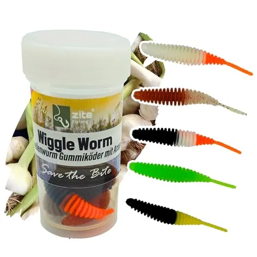 Zite Fishing Wiggle Worm Mix 10 Stück – Lamellen-Gummiwurm für Ultra Light Forellen Angeln - 5,5cm Gummiköder & Phthalatfrei (Allround Knoblauch)