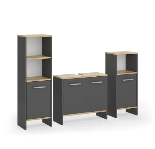 Vicco Badmöbel-Set Karli, 3-teilig in Anthrazit/Goldkraft Eiche - Elegantes Badmöbel-Set mit Waschbeckenunterschrank und zwei Midischränken für optimalen Stauraum und einen stilvollen Look. Verwandeln Sie Ihr Badezimmer in eine Oase der Ordnung und Eleganz.